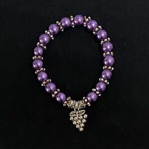 Purple Beaded Bracelet with Silver Grape Charm- 7" Stretch